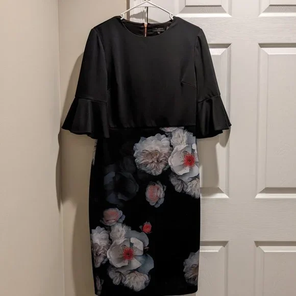Ted Baker London Chelsea Floral Black Sheath Dress Size TB 3/US 8-10 - Picture 2 of 5